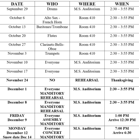 Band After-School Rehearsal Schedule